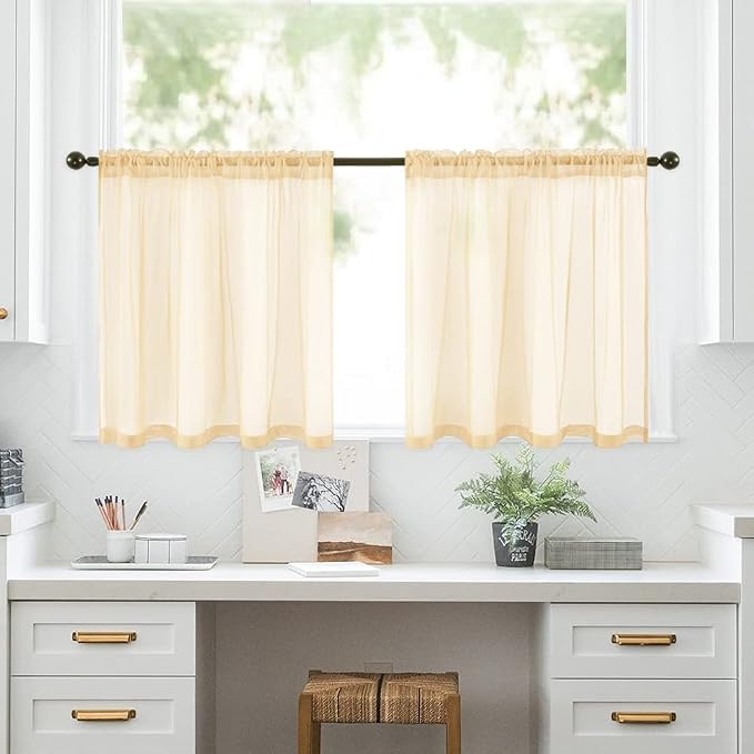 MIULEE 2 Panels Red Kitchen Tiers Half Window Sheer Curtains Rod Pocket Translucent Voile Drapes for Kitchen Bathroom Small Windows 29 by 36 Inch Cream Beige