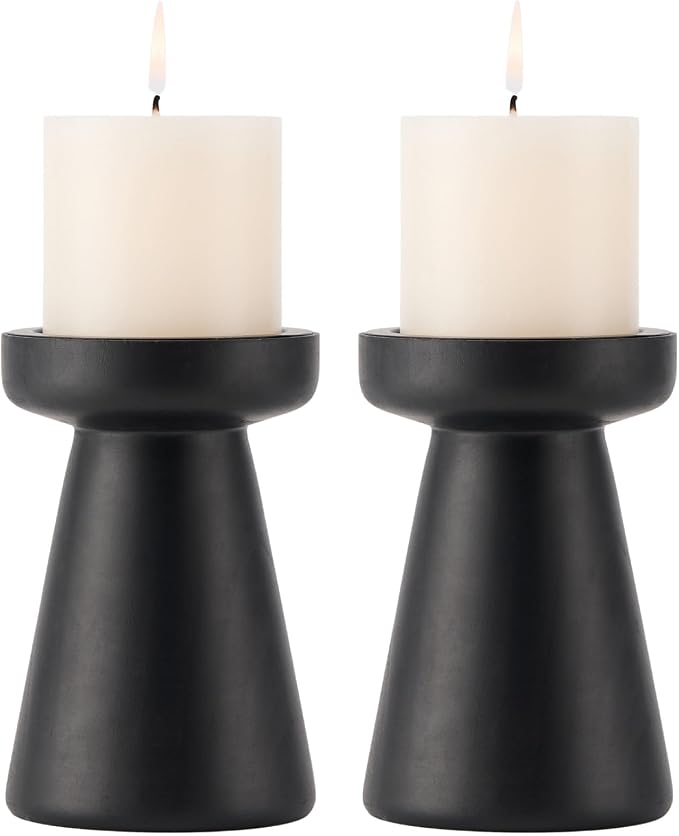 Wood Candle Holders for Pillar Candles, Set of 2 Vintage Rustic Tall Modern Farmhouse Decor, Decorative Wooden Candlestick Stand for Fireplace Mantel, Table Centerpiece - Black