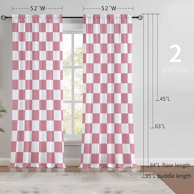 Pink Checkered Curtains for Bedroom,Rod Pocket Pink and White Semi Sheer Curtains Farmhouse Retro Checkerboard Light Filtering Drapes for Living Room,Set of 2 Window Curtain Panels,52 x 84 Inch
