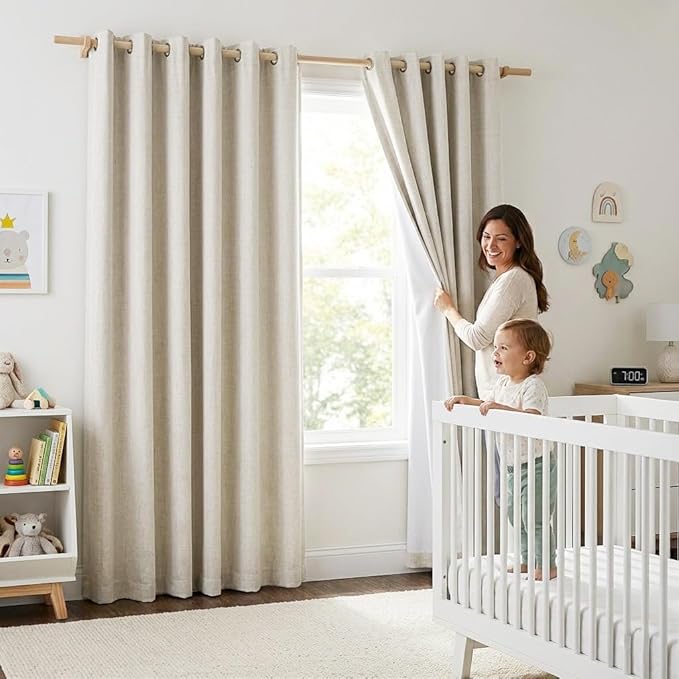 NICETOWN Full Blackout Natural Linen Cold Reducing Curtains 102" Length with Thermal Insulated Liners for Living Room, 2 Panels, 52 inches W, Farmhouse Style Keep Warm Large Window Draperies for Hall