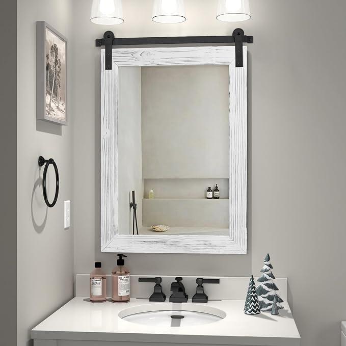 COGOOD Farmhouse Bathroom Mirror - 30 x 22 Rustic Wood Framed Wall Barn Door Mirror for Entryway, Living Room, Vanity Wall Decor (White)