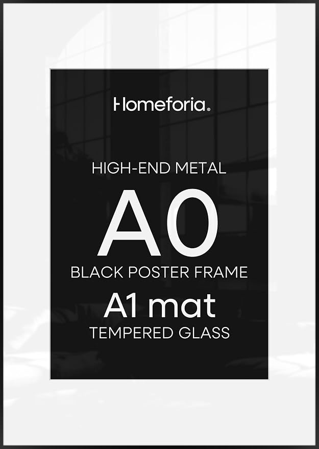 Homeforia A0 Poster Frame Black, High End Metal 33.1 x 46.8 inch Large Picture Frames with Mat 23.4 by 33.1 for Photo, A0 Size Frames Matted to A1 Print, 33.1x46.8 Thin Frame, Tempered Glass, Set of 2