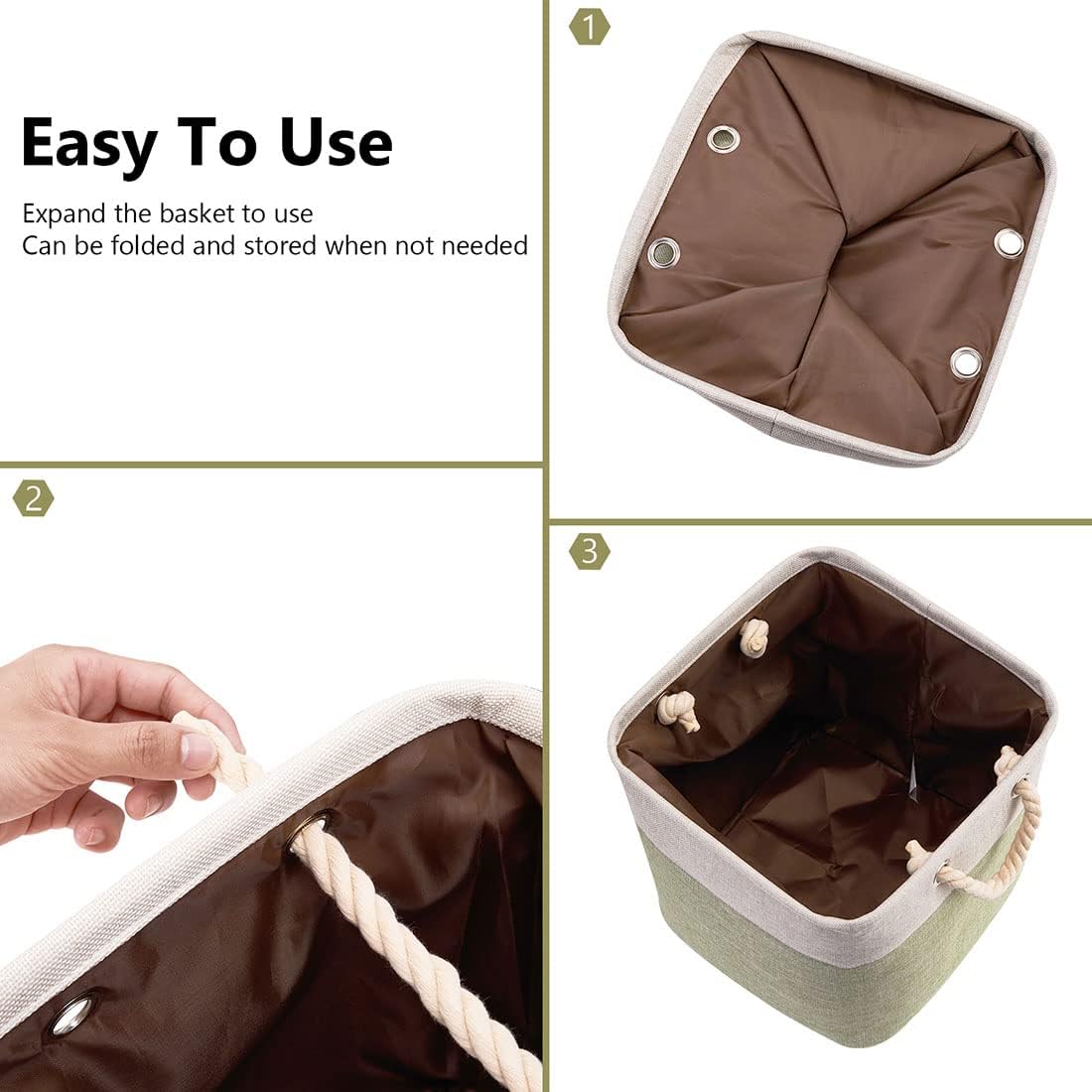 i BKGOO 3Pack Large Foldable Storage Bins，Collapsible Sturdy Cationic Fabric Organizing Storage Basket Cube with Cotton Handles for Home Office Shelf Clothes Toys Beige-Green 13×13×13 inch