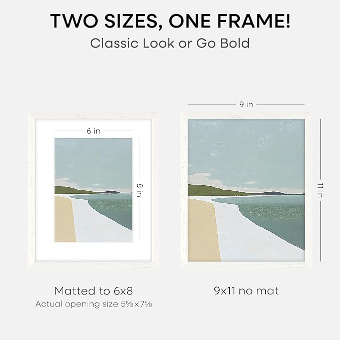 Homeforia 9x11 Frame White Wood, High End Oak 9 x 11 Picture Frames with Mat 6 by 8 Print, 9by11 White Wooden Frame Matted to 6x8 inch Photo, Wall or Tabletop Frames, Tempered Glass, Wall Kit, Set of 1