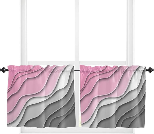 36 Inch Long Tier Curtains for Kitchen, Abstract Beach Aesthetic Grey to Pink Gradient Bathroom Window Curtains Rod Pocket Short Curtains Window Treatment Tiers for Living Room Farmhouse 2 Panels