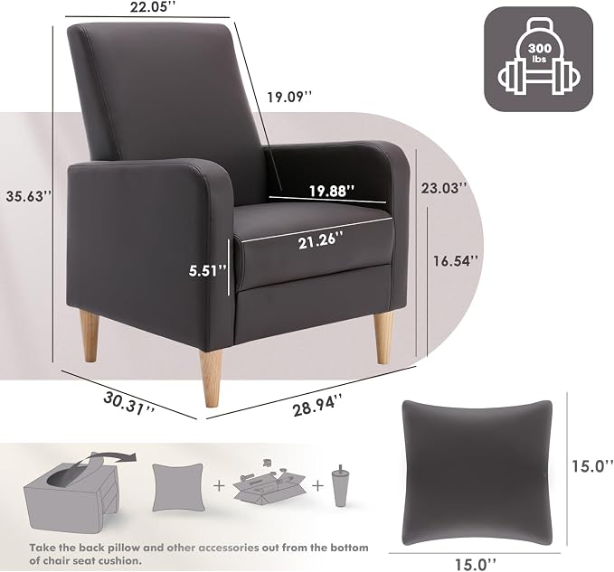 COLAMY Mid-Century Modern Accent Chair, Faux Leather Upholstered Living Room Chair with Back Pillow & Solid Wood Legs, Comfy Armchair for Living Room, Bedroom, Single Sofa, Dark Brown