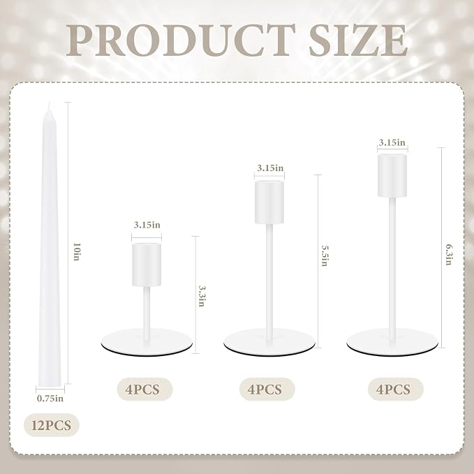 12 Set Candle Holders Bulk with 10'' Dripless Taper Candles 3.3'' 5.5'' 6.3'' Metal Candlestick Holders Vintage Modern Decorative Table Centerpiece for Wedding Birthday Home Decor (White)