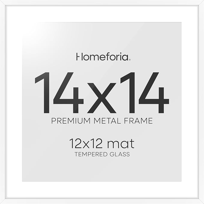 Homeforia 14x14 Picture Frame White, High End Metal 14 x 14 Square Poster Frames with Mat 12 x 12 Photo, 14x14 White Frame Matted to 12x12 Print, 14by14 Thin Frames, Tempered Glass, Wall Kit, Set of 2