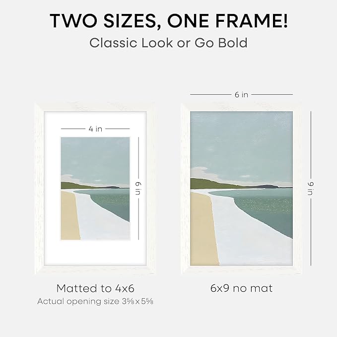 Homeforia 6x9 Picture Frame White, High End Oak 9x6 Wooden Frames with Mat 4x6 Print, 6 x 9 White Wood Frame Matted to 4 x 6 inch Photo, 6by9 Wall or Tabletop Frame, Tempered Glass, Wall Kit, Set of 2