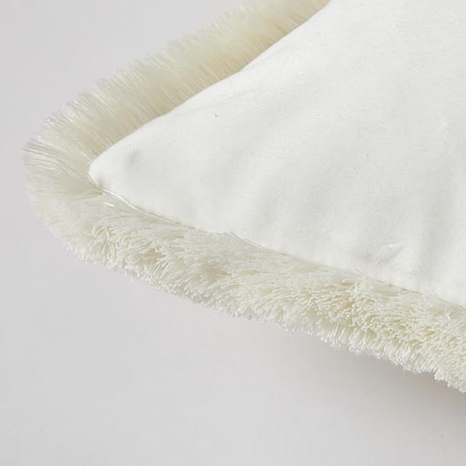 JUSPURBET Pack of 2 Cream Decorative Fringe Velvet Lumbar Throw Pillow Covers 12x20 for Home Decor Living Room Bedroom Car Boho Soft Cushion Cover with Hidden Zipper Machine Washable