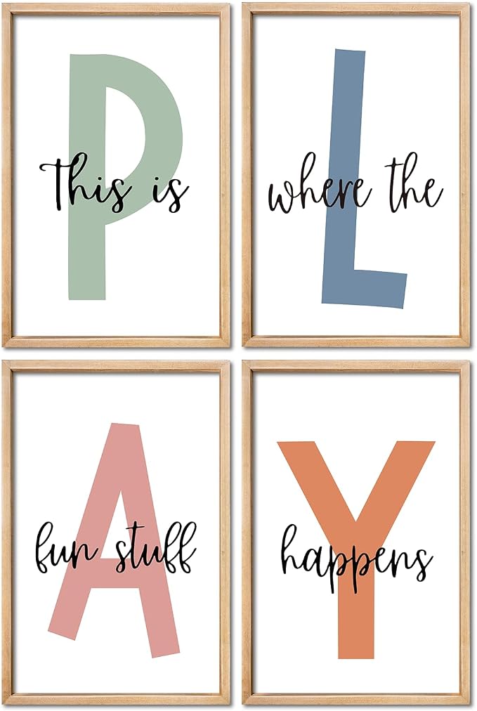This Is Where Fun Stuff Happens Kids Playroom Wall Decor PLAY Quote Art | Motivational Prints for Nursery, Natural Wood Frame, Set of 4, 16x24 Inches , Let's Play Sign for Toddler Boys, Ready to Hang