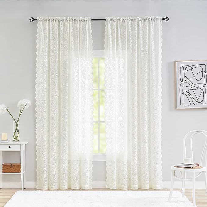 ALIGOGO Sheer lace Curtains 72 inch Length- Luxury Ivory (Light Beige) Shabby Chic Lace Panel Curtains for Living Room/French Door Farmhouse Boho Style 1 Pair 52 W x 72 L Inch, Ivory