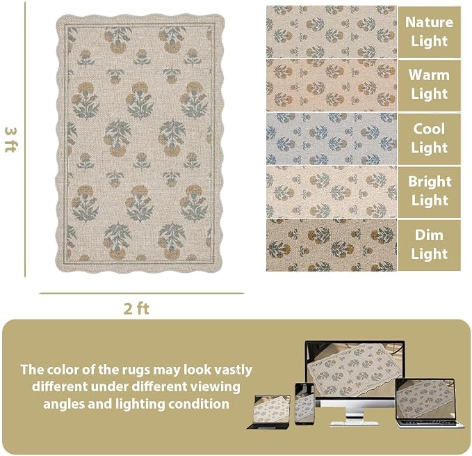 ORTIGIA Scalloped Easy Jute 2x3 Area Rug Vintage Yellow Floral Farmhouse Washable Rug Non-Slip Indoor Outdoor Carpet for Living Room Bedroom Kitchen Patio Entryway