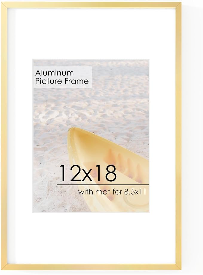 12x18 Metal Picture Frame for Wall With Mat for 8.5x11, 12''x18'' Aluminum Photo Frames With Tempered Glass for Home Decor, Minimalist Modern Poster Frame Horizontal And Vertical Formats, Gold
