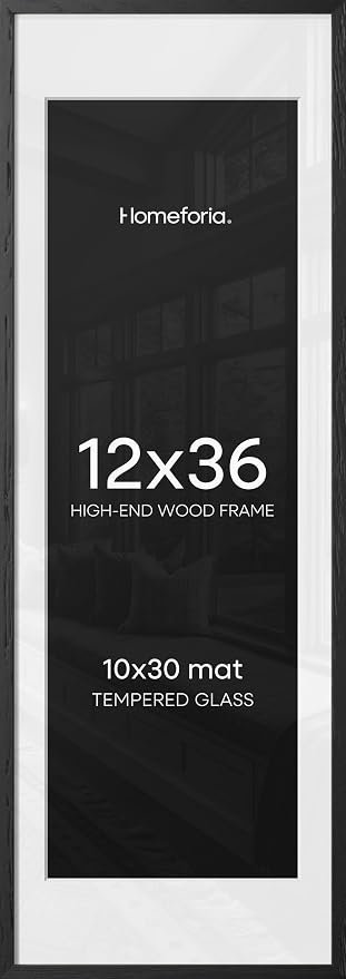 Homeforia 12x36 Black Wood Picture Frame, High End Oak 12x36 Poster Frames with Mat 10x30 Art, 12 x 36 Black Wooden Frames Matted to 10 by 30, 36x12 Panoramic Frame, Tempered Glass, Wall Kit, Set of 1