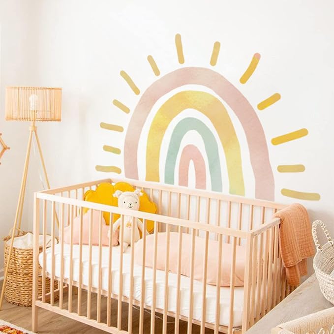 Large Fabric Watercolor Boho Half Sun Wall Decals Peel and Stick, Rainbow Wall Murals Stickers, Pastel Sunrise Wall Art Decor for Kids Room Playroom Nursery Bedroom, 44.09" x 29.13"