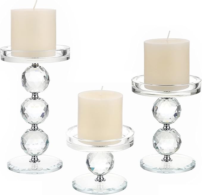 OwnMy Crystal Glass Pillar Candlestick Holders Pillar Candle Holders Sets | Clear Glass Tealight Holders Votive Candle Stands, Set of 3 Modern Pillar Candle Centerpiece for Living Room Wedding Decors