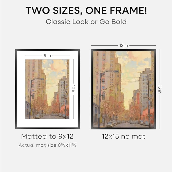 Homeforia 12x15 Picture Frame Black, High End Metal 12x15 Poster Frames with Mat 9x12 for Photo, 12 x 15 Black Frame Matted to 9 by 12 inch Print, 15x12 Thin Frames, Tempered Glass, Wall Kit, Set of 3