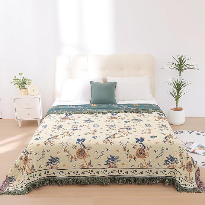 VANJOROY Boho 100% Cotton Large Throw Blanket King - All Season Rustic Ultra Soft Breathable Floral Bird Blanket for Bed Sofa Couch Chair Bedspread Quilt Gift, 91" x 108"-Teal/Beige
