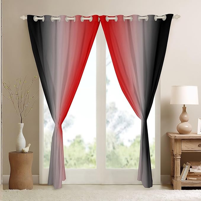 jejeloiu Red Darkening Drapes (2 Panels, 52 x 63 Inch) Ombre Black Curtains for Bedroom Living Room for Kids Decor Gradient Style Blackout Curtains Abstract Window Treatments