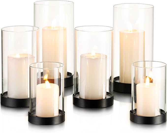 Hewory Hurricane Candle Holder for Pillar Candles: Black Votive Candle Holders Set of 6, Glass Hurricane with Metal Candle Plate, Pillar Candle Holder for Table Centerpiece Wedding Holiday Home Decor