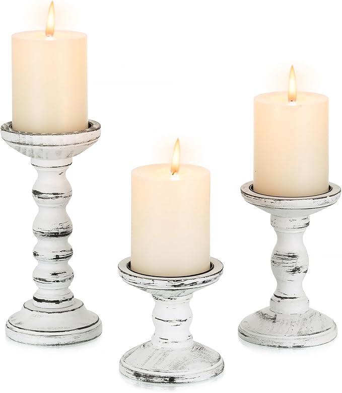 Candeldo Wood Candle Holders for Pillar, White Farmhouse Fireplace Decor | Set of 3, Table Centerpiece, Tall Shabby Chic Decor, Wooden Rustic Decorations for Mantle
