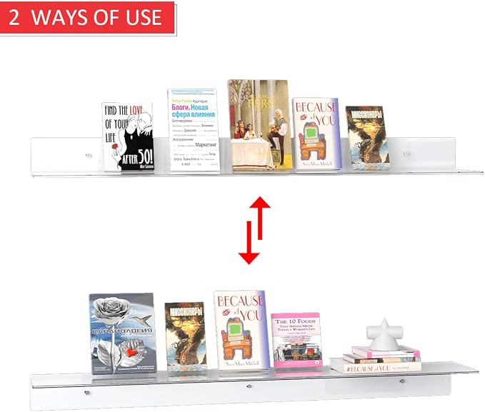 Sezanrpt 36 Inches Acrylic Wall Shelves 2 Pack, Floating Shelf for Wall Mounting, Acrylic Display Ledges for Funko Pop Figures, Home Décor, Living Room, Gaming Room, Plants(36 inch, Clear)