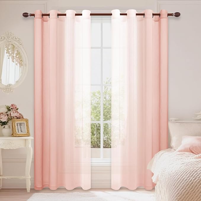 DWCN Faux Linen Ombre Sheer Curtains - Semi Voile Gradient Grommet Top Curtains for Bedroom and Living Room, Set of 2 Window Curtain Panels, 52 x 84 Inches Long, Blush