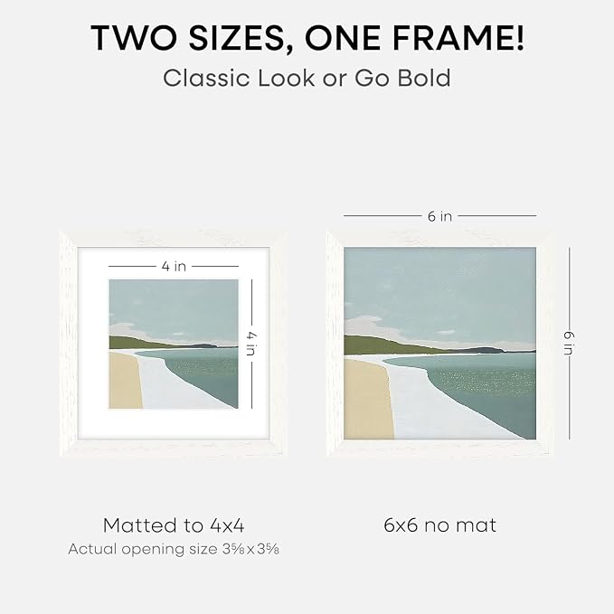 Homeforia 6x6 Picture Frames White, High-End Oak 6 x 6 Square Wood Frame with Mat 4 by 4 inch Photo, 6x6 Wooden Frame Matted to 4x4 Art, 6by6 Wall or Tabletop Frames, Tempered Glass, Wall Kit, Set of 2
