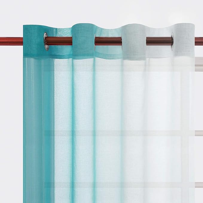 DWCN Teal Ombre Sheer Curtains - Faux Linen Gradient Semi Voile Grommet Top Bedroom and Living Room Curtains, Set of 2 Window Curtain Panels, 52 x 96 Inches Long