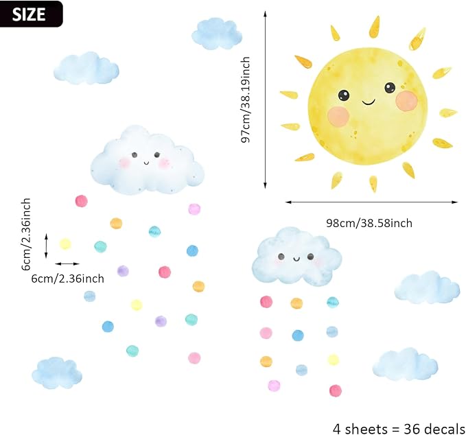 Large Sunshine Nursery Decor, Smile Sun and Cloudy Drops Wall Decal for Playroom, Classroom and Party, Watercolor Sprinkle Sky