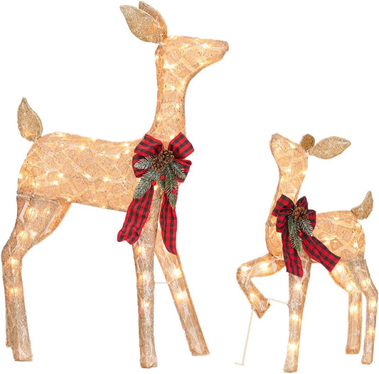 2 Pcs Reindeer Christmas Decoration, Xmas Lighted Golden Shimmering Doe and Fawn Display Set with 105 Warm White Lights for Yard Lawn Indoor Outdoor
