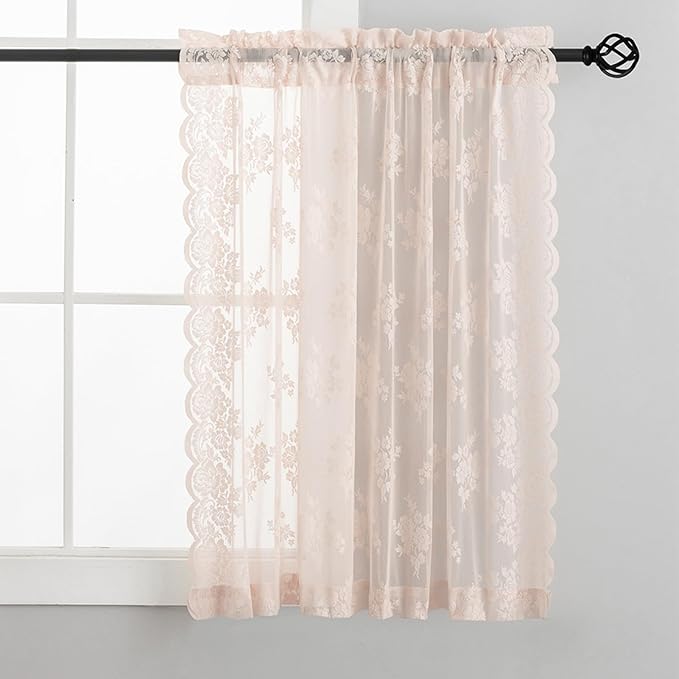 Blush Pink Lace Curtains 36 Inch Length, 2 Panels, W42 x L36 Inch Each, Country Rustic Floral Coquette Lace Cafe Curtains for Kitchen Window, Rod Pocket Privacy Short Sheer Curtain for Small Windows