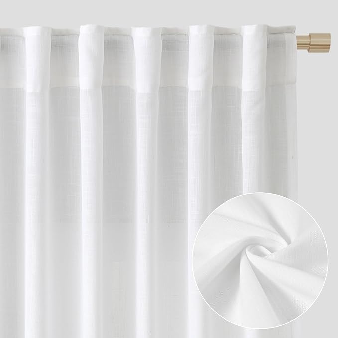 White Linen Textured Long Curtains for Living Room 144 Inch Length 2 Panel Set Back Tab Rod Pocket French Country Semi Sheer Curtains Sliding Door Ceiling Window Decor Light Filtering Drapes 52x144