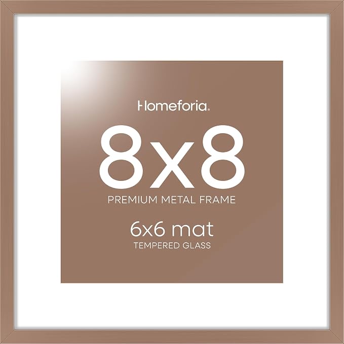 Homeforia 8x8 Mocha Picture Frame, High End Metal 8 x 8 Square Photo Frames with Mat 6 by 6, 8x8 Poster Frame Matted to 6x6 inch Print, 8by8 Wall or Tabletop Frames, Tempered Glass, Wall Kit, Set of 2