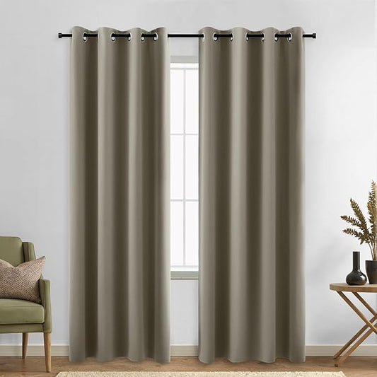 KOUFALL 90 Inch Blackout Curtains, Grommet Taupe Satin Polyester Thermal Insulated Black Out Curtains for Living Room Bedroom, 52w x 90 in Long, 2 Panel Set