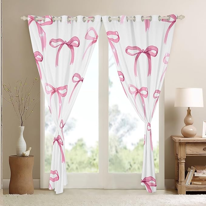 Feelyou Bow Room Darkening Blackout Curtain Boys Girls (2 Panels, 38 x 54 Inch) Cute Bowknot Curtains for Bedroom Living Room Pink Girls Bow Blackout Curtains Kawaii Window Treatments
