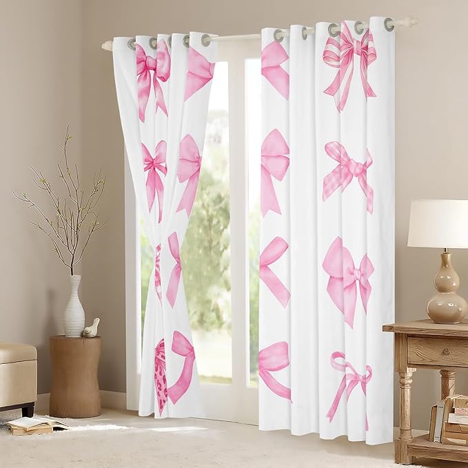 Erosebridal Pink Bows Window Treatments 38" Wx45 L,Kids Girls Kawaii Bow Window Curtain Cute Girly Bowknot Curtain Watercolor Bow 30%-50% Blackout Curtains for Bedroom
