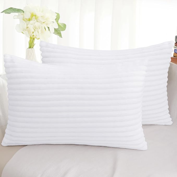 Simmore Decorative Fall Throw Pillow Covers 12x20 Set of 2, Soft Natural Plush Flannel Double-Sided Fluffy Rectangle Pillow Covers for Couch Sofa Living Room, White