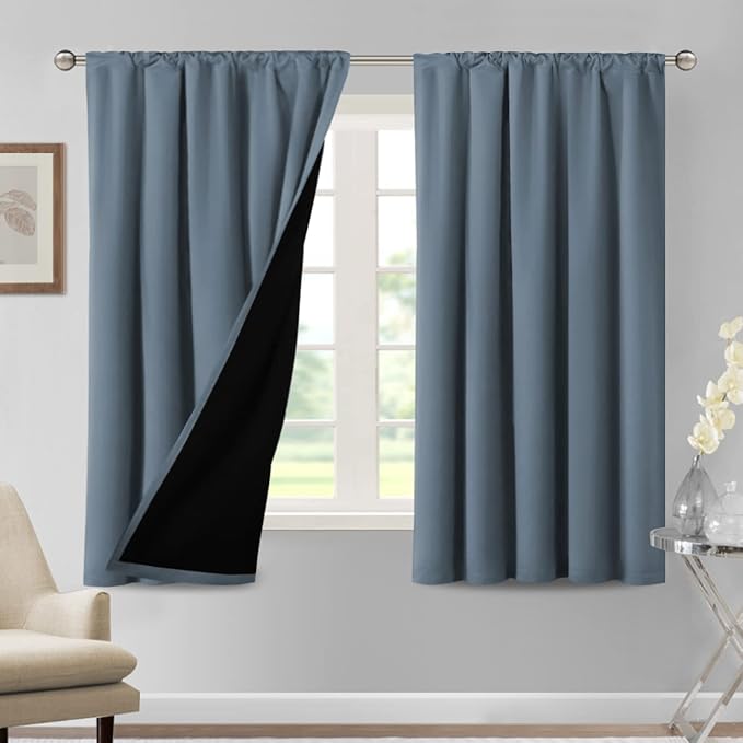 H.VERSAILTEX 100% Blackout Curtains for Bedroom Thermal Insulated Blackout Curtains for Living Room 63 Inches Long Rod Pocket Curtains with Black Liner 2 Panels Set, Stone Blue