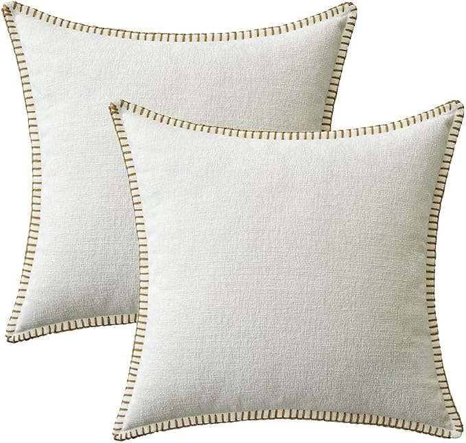 MIULEE Pack of 2 Pillow Covers 18x18 Inch Pure White Farmhouse Decorative Throw Pillow Covers with Stitched Edge Soft Chenille Solid Dyed Couch Pillow Covers for Sofa Bed Living Room
