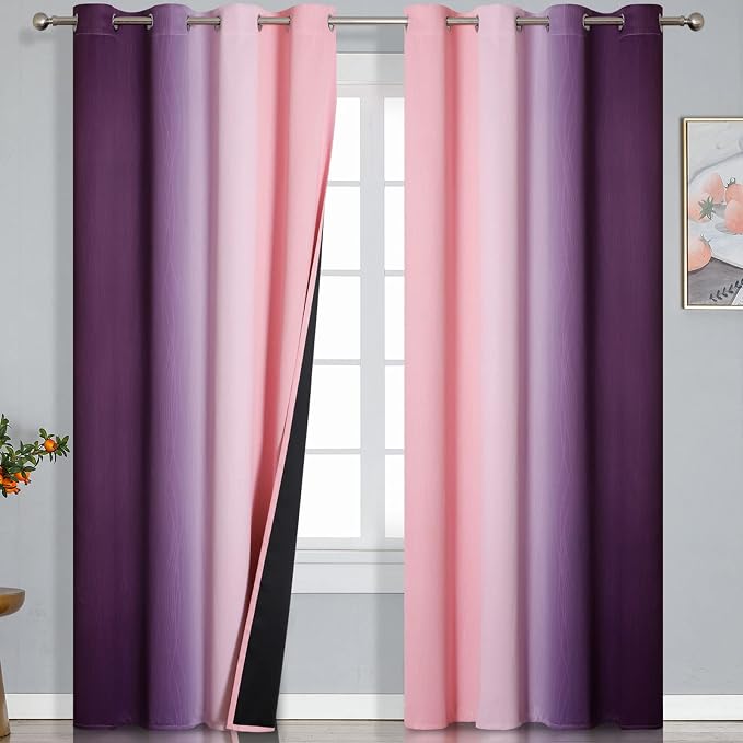 Ombre Pink and Purple Blackout Curtains 96 Inches Long, Full Room Darkening Curtains for Girls Room,Grommet Thermal Insulated Gradient Drapes, Light Blocking Curtains for Bedroom,52x96 Inch, 2 Panels