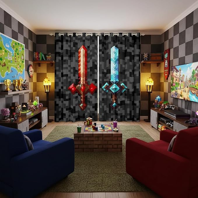 Castle Fairy Red Blue Sword Bedroom Decor Curtains,Sandbox Building Games Window Curtain,Kids Boys Pixelated Style Swords Window Treatment Grey Black Camo Blackout Drapes 2 Panels,52Wx84L