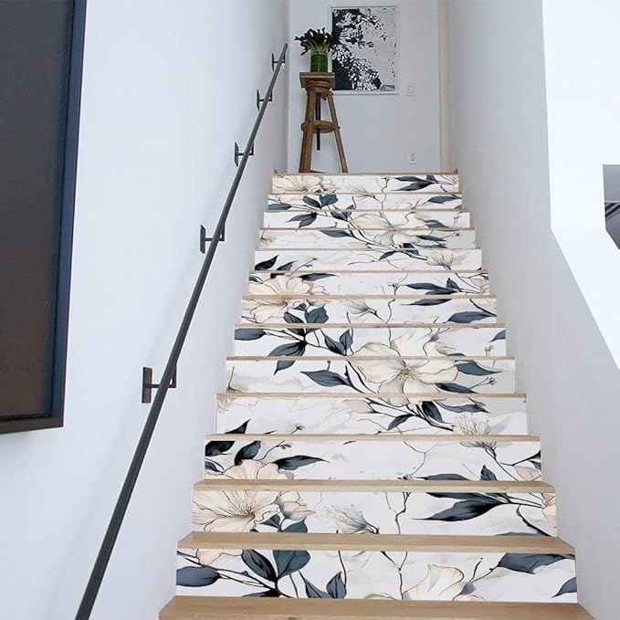 REDAMANCY Abstract White Marble Floral Dark Navy Leaf Vintage Peel and Stick Vinyl Stair Riser Decals Staircase Tile Stickers Decor Modern Marble Decoration Self-Adhesive(14 Pcs)