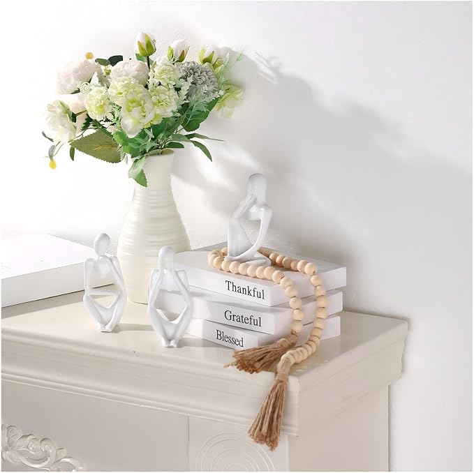 Beeveer 3 Pcs Decorative Books for Home Decor, White Faux Books for Decoration, White Resin Thinker Statue Abstract Art Sculptures, Rustic Farmhouse Beads Centerpiece for Room Office Shelf Desktop