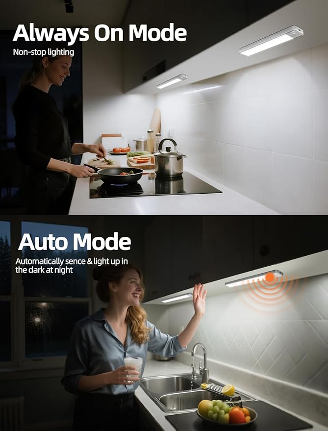 Under Cabinet Lighting: 10 Inch 3-Color Dimmable Rechargeable Motion Sensor Lights Indoor - Battery Operated Lights - Closet Light Magnetic Led Light for Kitchen Home Bathroom Counter 5 Pack