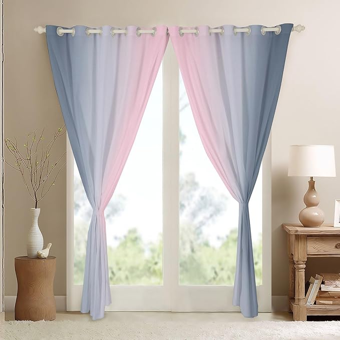 jejeloiu Pink and Grey Curtains for Bedroom Living Room for Kids Ombre Blackout Curtains (2 Panels, 52 x 84 Inch) Gradient Style Darkening Drapes Decor Abstract Art Window Treatments