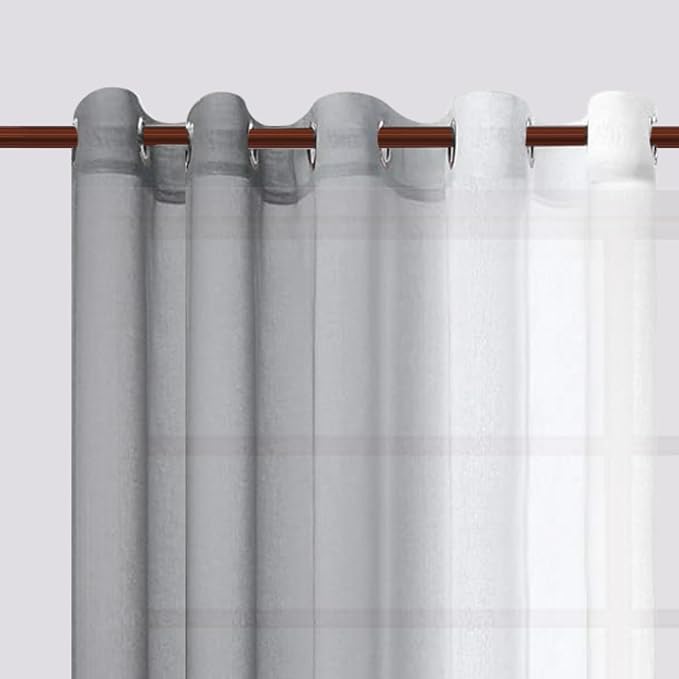 DWCN Grey Ombre Faux Linen Short Sheer Curtains - Extra Wide Gradient Semi Voile Light Filtering Grommet Top Bedroom and Living Room Curtains, 60 x 63 Inches Long, Set of 2 Window Curtain Panels