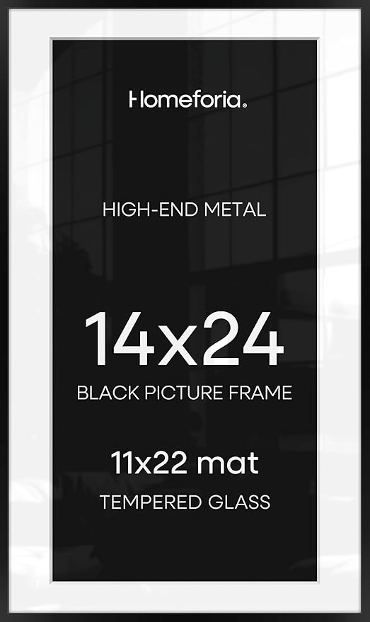 Homeforia 14x24 Picture Frame Black, High End Metal 14x24 Poster Frames with Mat 11x22 for Photo, 14 x 24 Black Frame Matted to 11 x 22 inch Print, 24x14 Thin Frame, Tempered Glass, Wall Kit, Set of 2