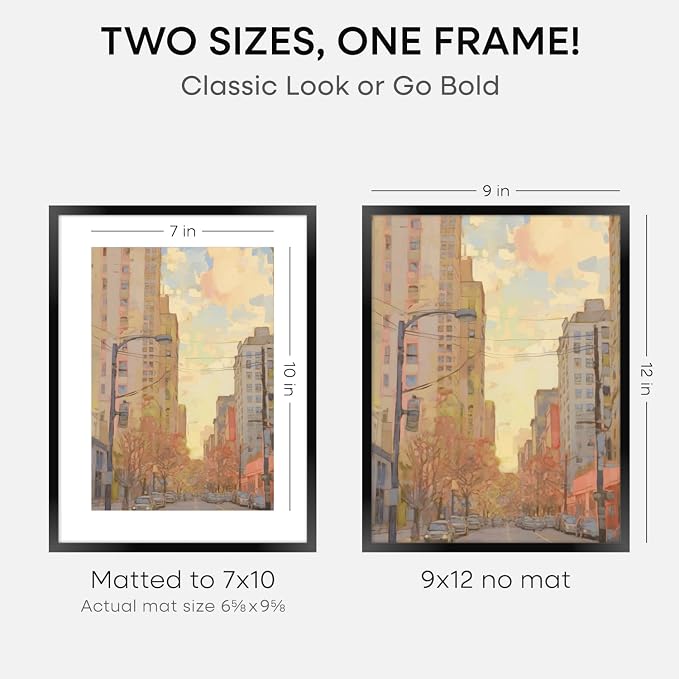 Homeforia 9x12 Picture Frame Black, High End Metal 9 x 12 Poster Frames with Mat 7 by 10 inch Photo, 9by12 Frame Matted to 7x10 in Art, 12x9 Wall or Tabletop Frames, Tempered Glass, Wall Kit, Set of 4
